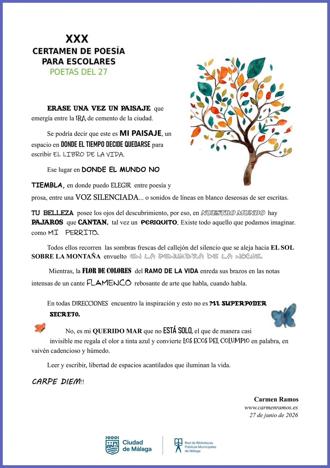 POEMA Carmen Ramos con los t&iacute;tulos de los ganadores